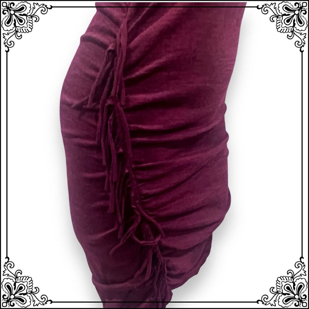 EXPRESS Heather Burgundy Bodycon Ruched Fringe V-Neck Dress - Size M - Picture 8 of 11
